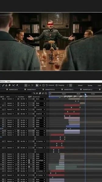 After Effects animation timeline with a cinematic scene