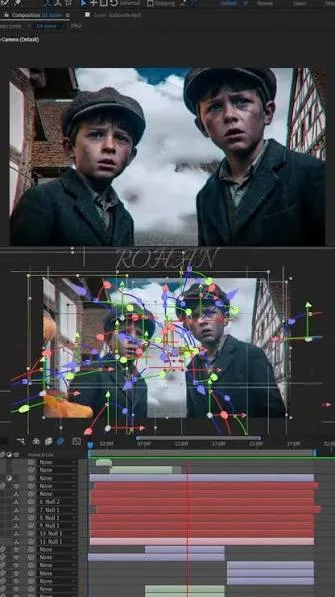 Motion graphics editing timeline with cinematic footage